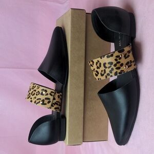 All Black D'Orsay Leopard Print Black Genuine Leather Pointed Toe Shoes Size 37